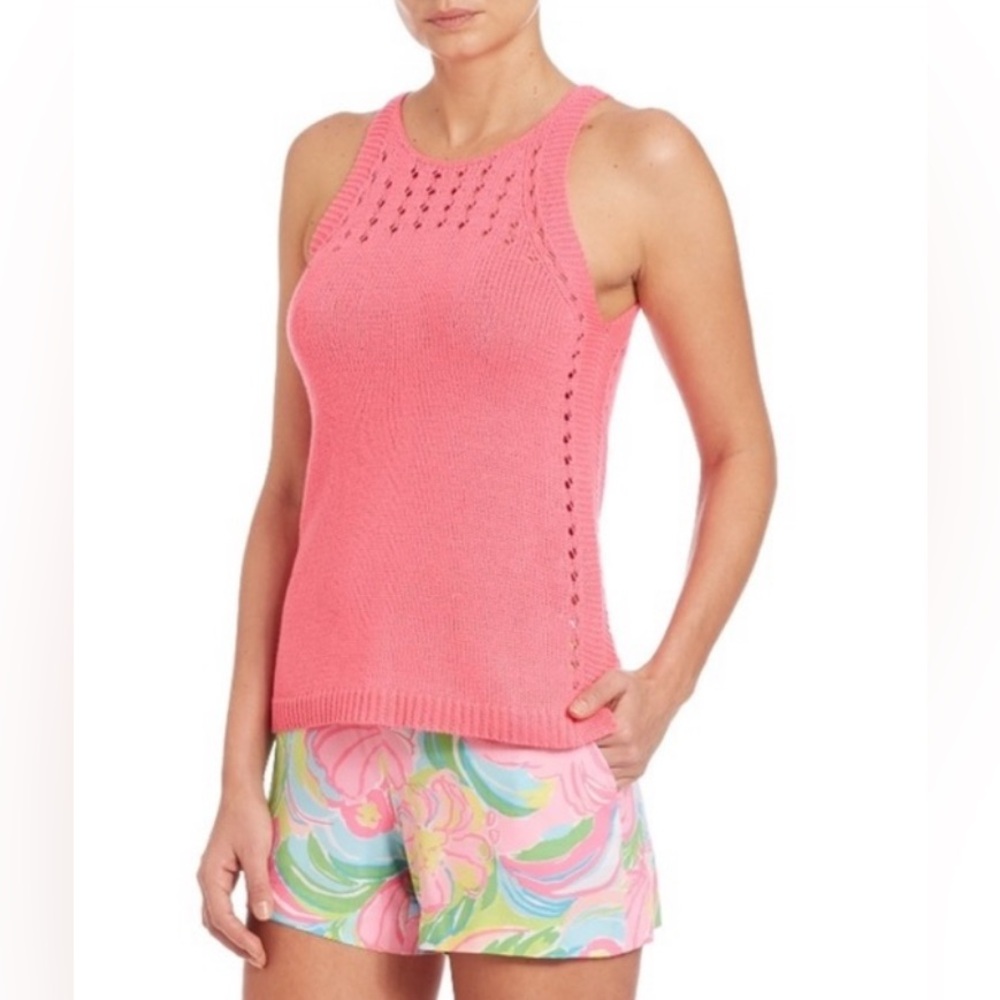 Lilly Pulitzer MAC Crotchet Knit Sweater Tank Hot Coral Pink Orange Size Small